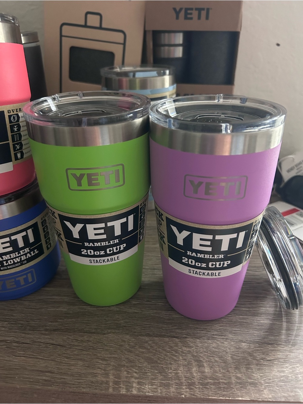 New YETI 20oz  stackable rambler - cups in neon venom green & bloom Bloom purple
